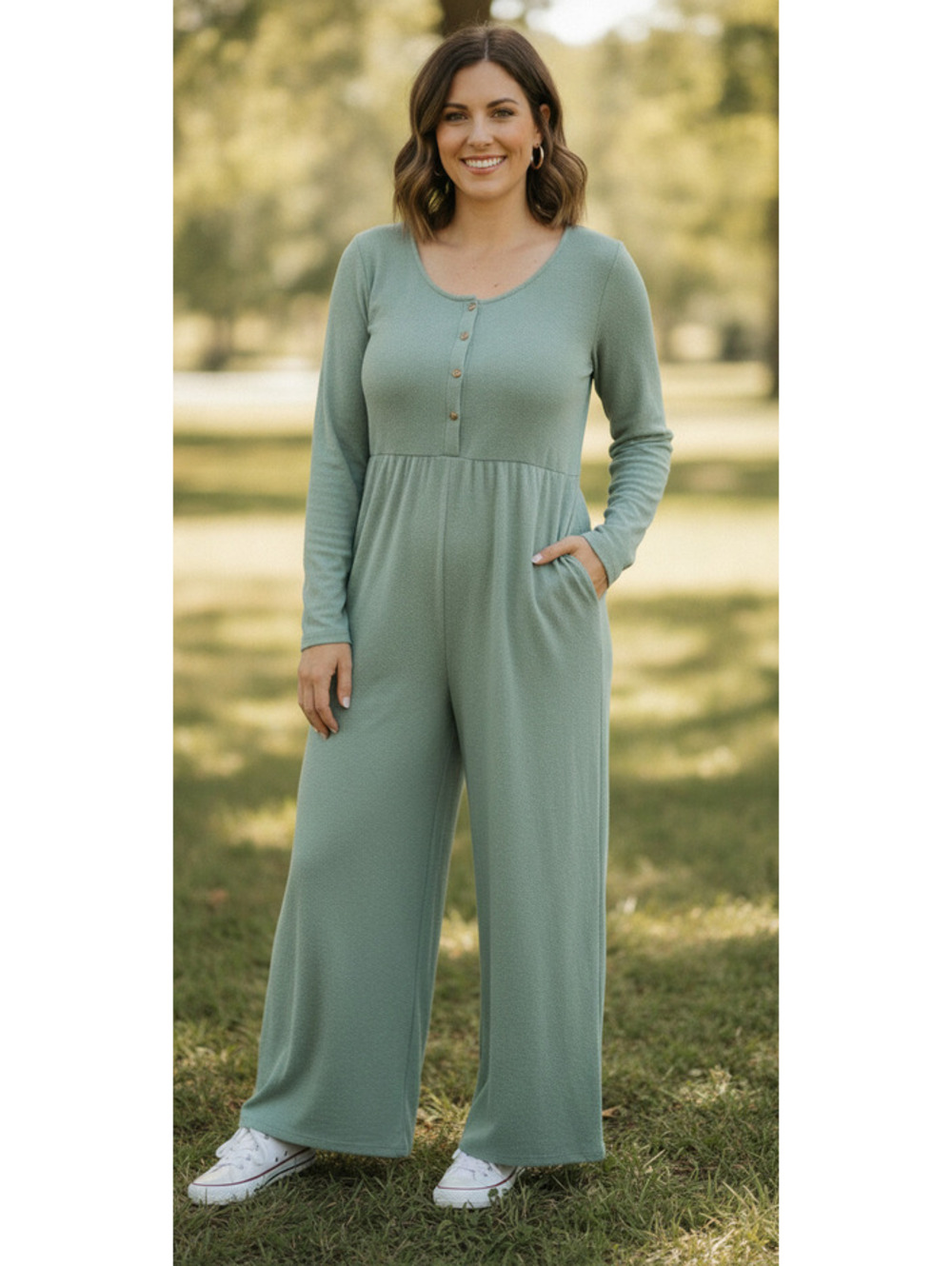 Three Bird Nest Women's Long Sleeve Wide Leg Jumpsuit XL Sage Green
